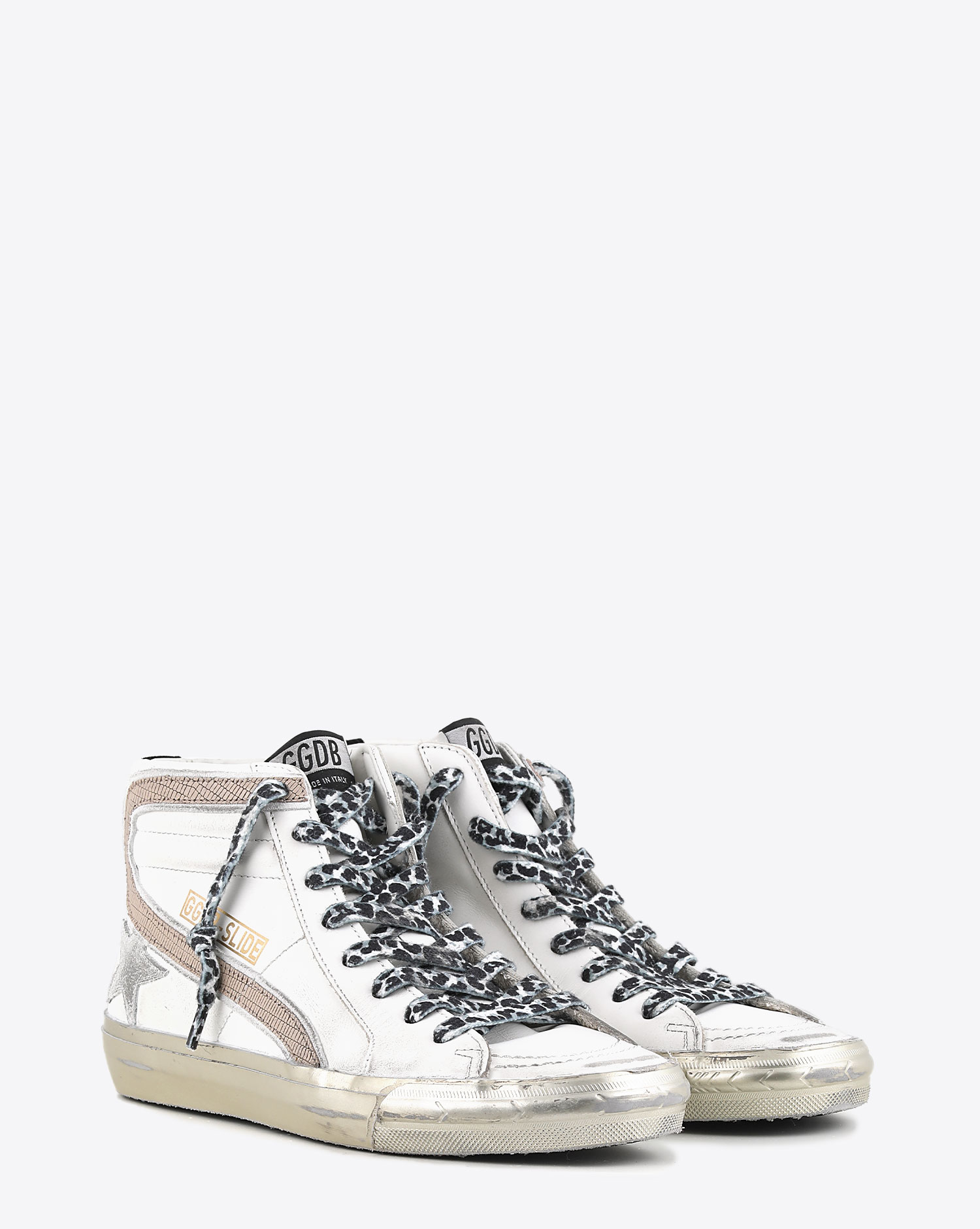 Sneakers Slide en cuir blanc Golden Goose. Face.