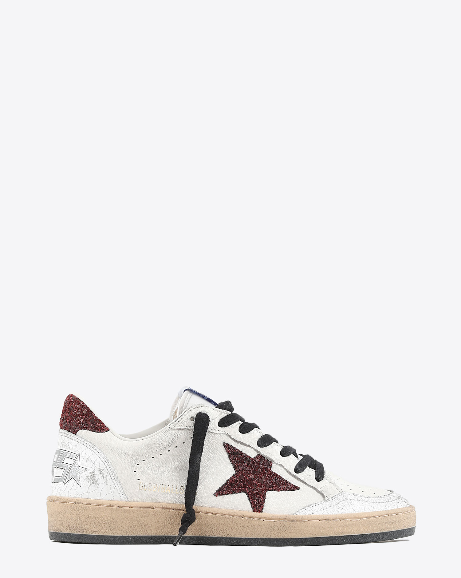 Sneakers Ball Star en cuir blanc étoile et arrière à paillettes bordeaux Golden Goose femme. Profil. 