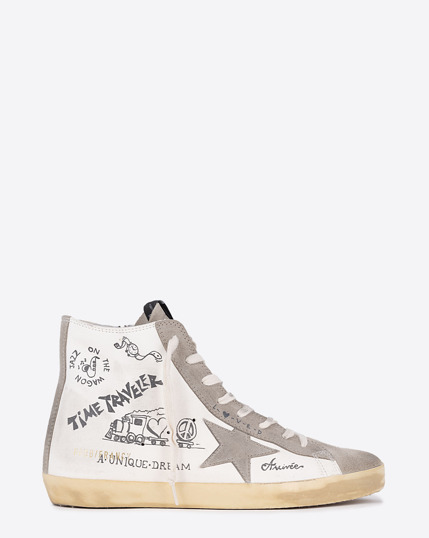Produit Baskets montantes en cuir blanc et graffiti 81572 Golden Goose femme. Profil.