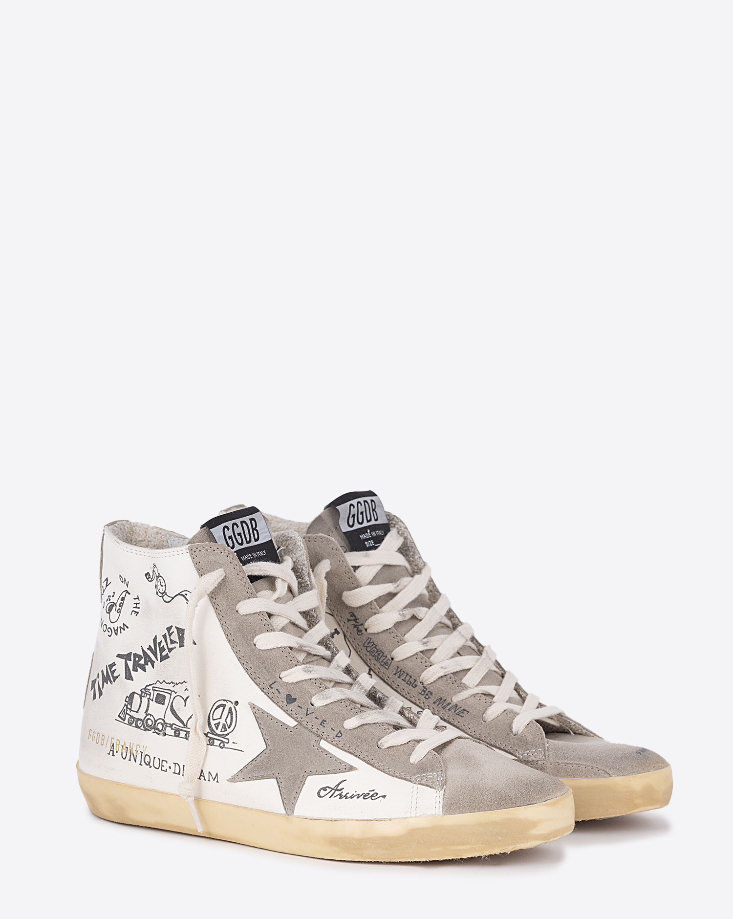Produit Baskets montantes en cuir blanc et graffiti 81572 Golden Goose femme. Face.