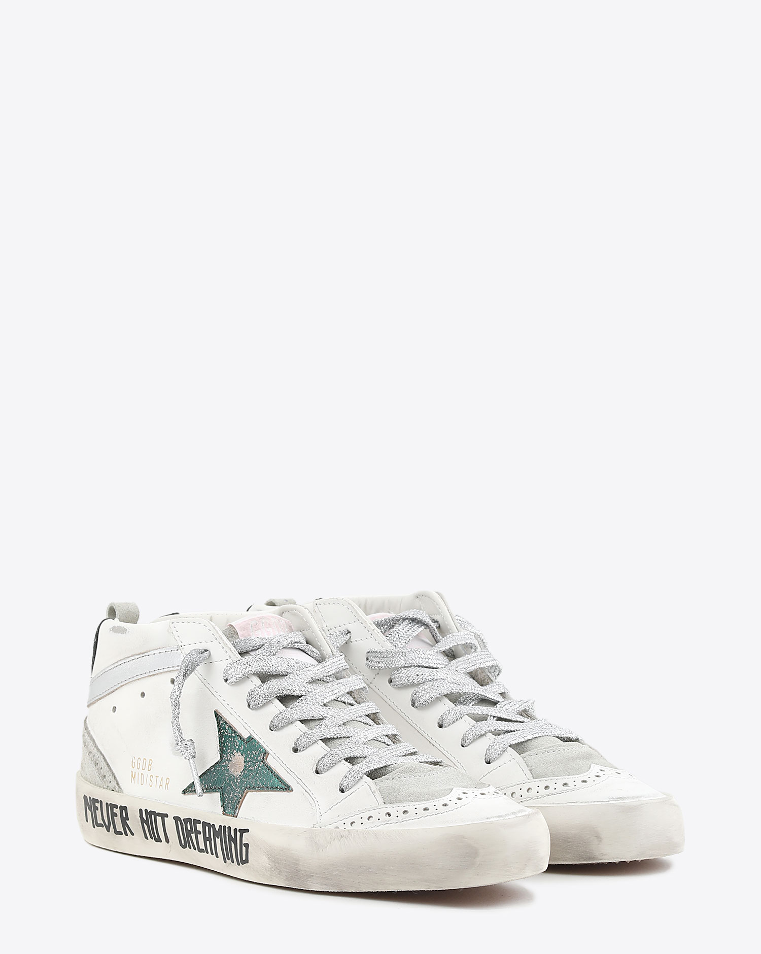 Sneakers semi-montantes Mid Star en cuir blanc étoile verte Golden Goose femme. 