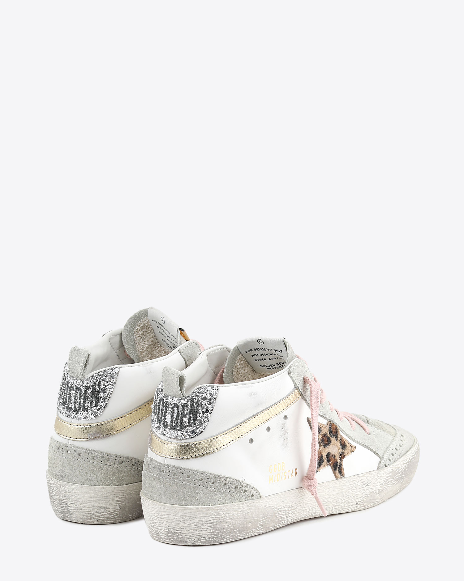 Sneakers semi-montantes Mid Star en cuir blanc bout fleuri étoile léopard lacet rose arrière paillettes argent Golden Goose femme. Arrière. 