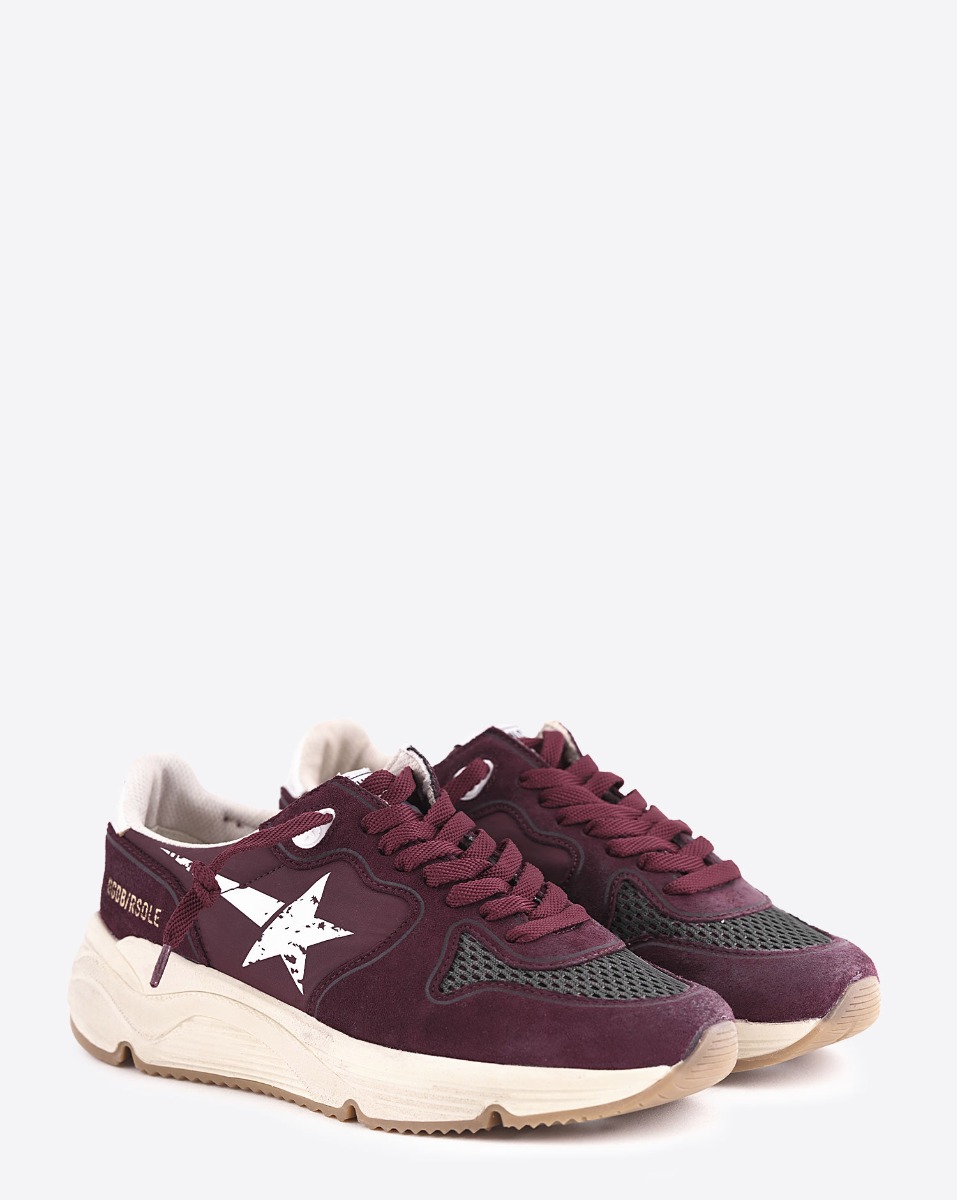 Sneakers Running Sole Golden Goose pour femme en cuir et tissu bordeaux, &eacute;toile blanche. Vue de face.