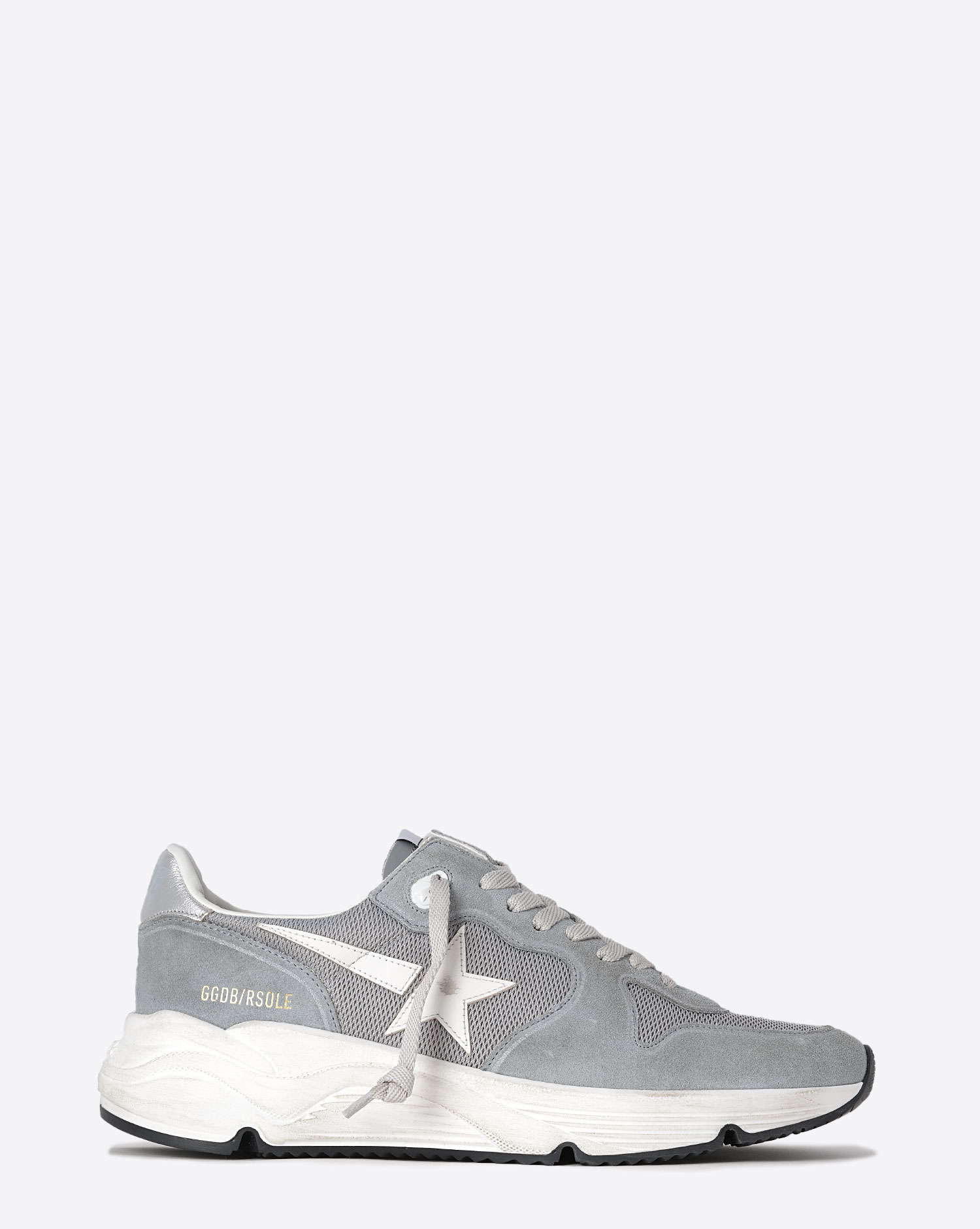 Produit Sneakers Running Sole Golden Goose en cuir gris. Vue profil. 
