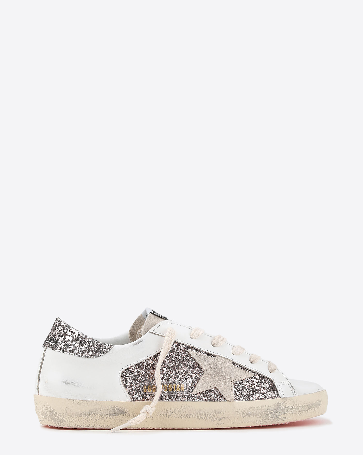 Sneakers Superstar en cuir blanc et paillettes argent 82533 Golden Goose femme. Profil.