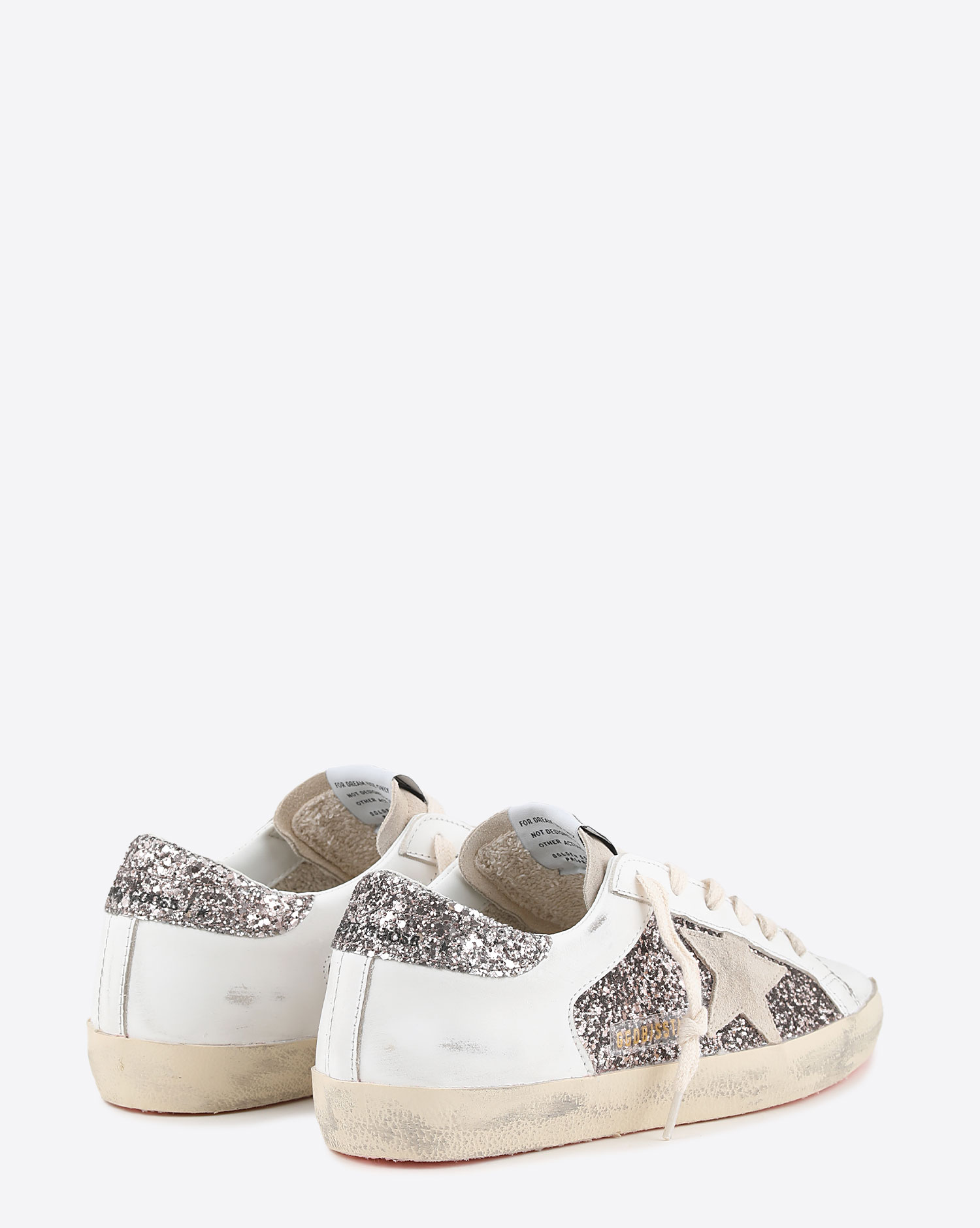 Sneakers Superstar en cuir blanc et paillettes argent 82533 Golden Goose femme. Vu de dos.