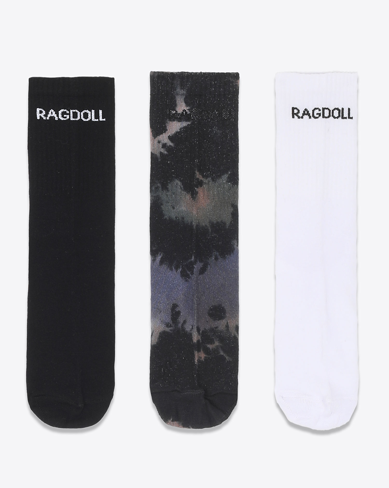 Chaussettes lot de 3 Ragdoll LA. Blanche, noire, tie and dye. 