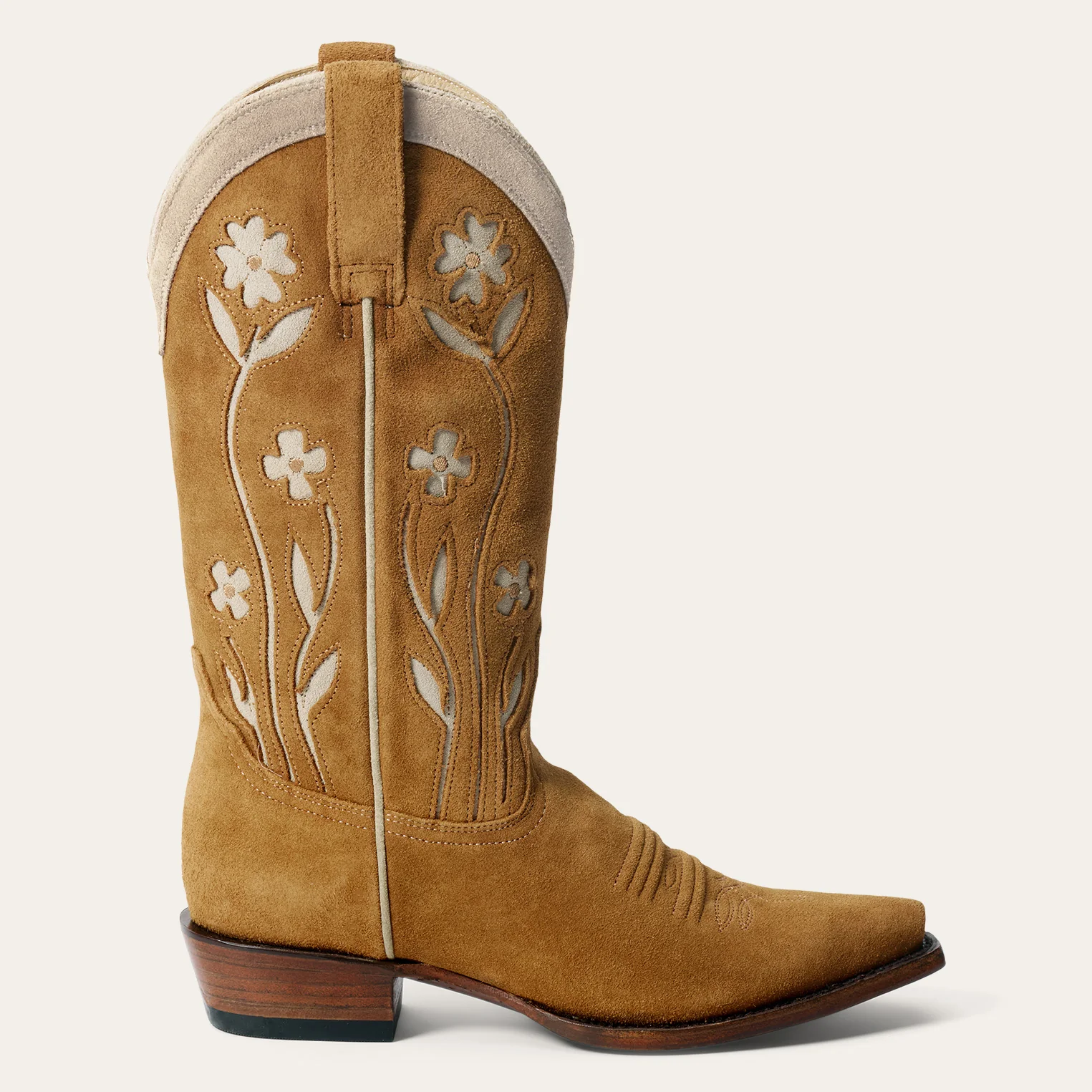 Bottes de cowboy Stetson x The Great en daim camel fleurs brod&eacute;es &eacute;cru. Edition limit&eacute;e.