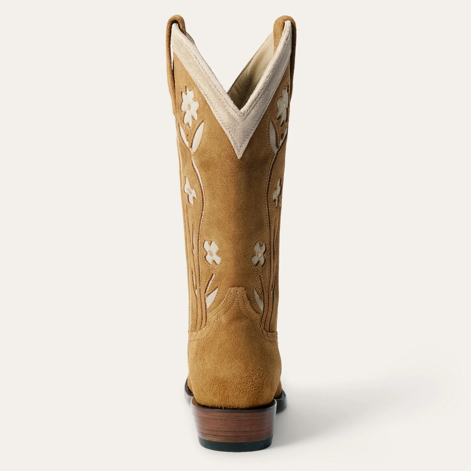 Bottes de cowboy Stetson x The Great en daim camel fleurs brod&eacute;es &eacute;cru, vues de dos. Edition limit&eacute;e.