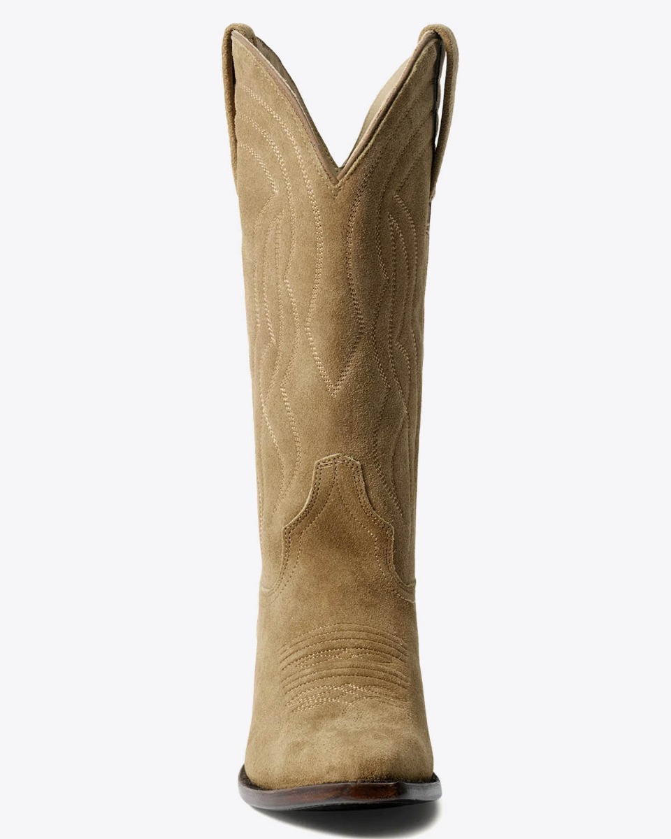 Bottes de cowboy Stetson & The Great en daim camel, vues de face. Edition limit&eacute;e.