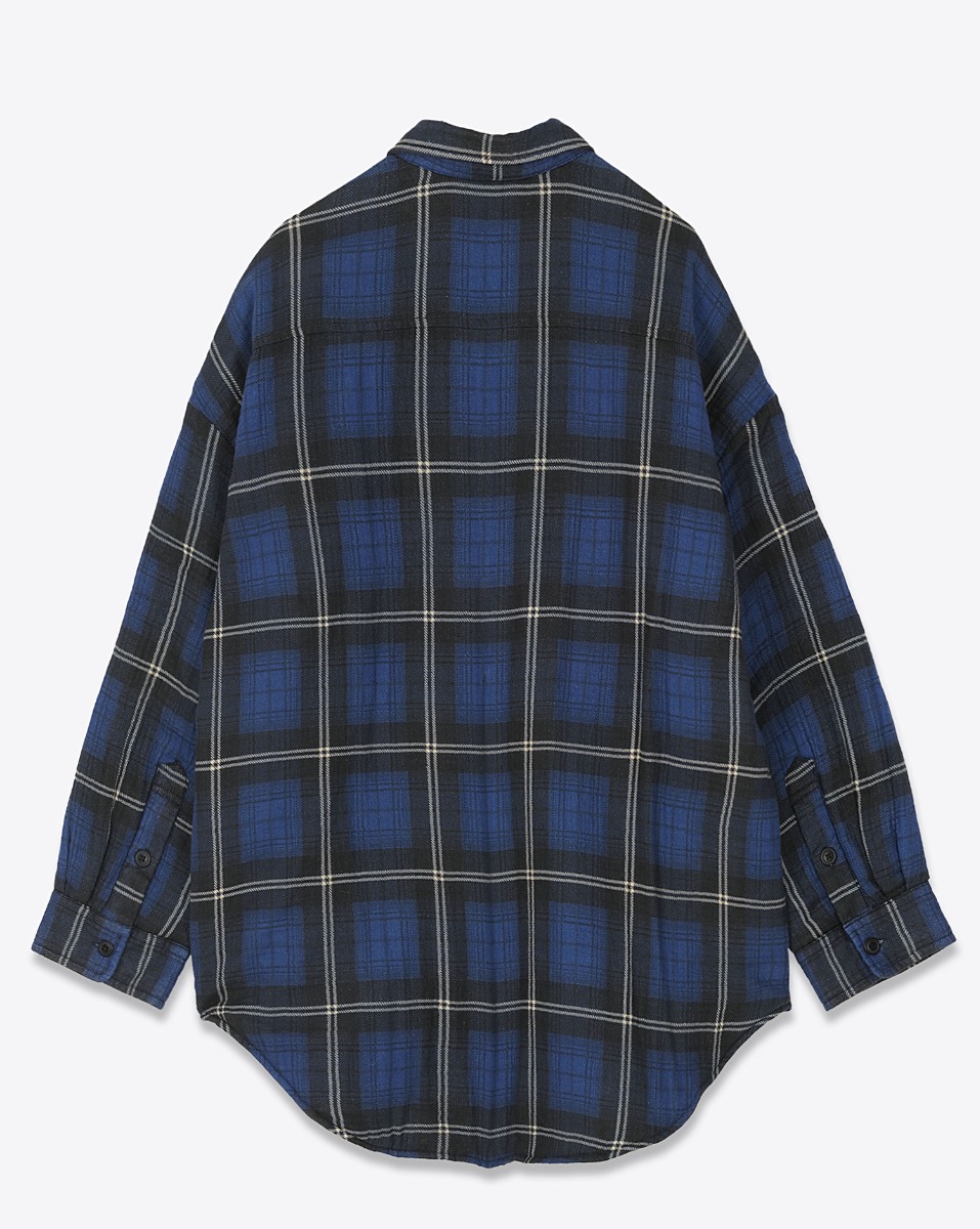 Veste chemise CPO Shirt Jacket Denimist matelass&eacute;e &agrave; carreaux bleus et noirs. Vue de dos.