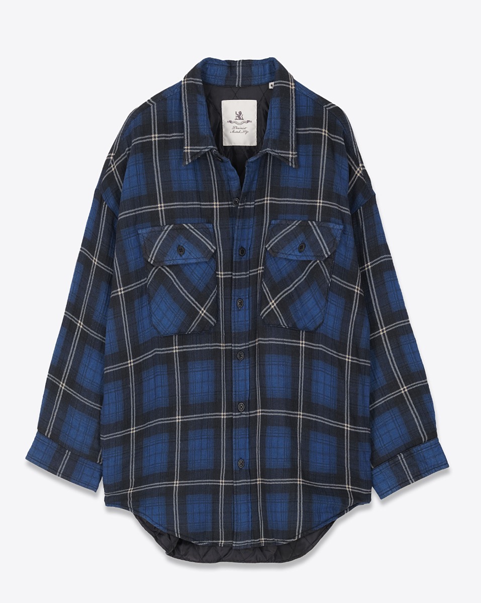 Produit Veste chemise CPO Shirt Jacket Denimist matelassée à carreaux bleus et noirs. Vue de face.