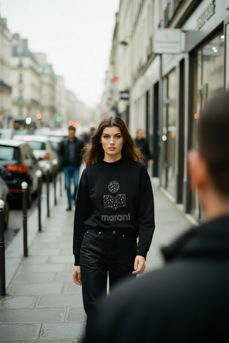 Produit Sweat-shirt Moby Isabel Marant Etoile noir logo Marant clouté argenté, porté de face. Capsule de Noël.