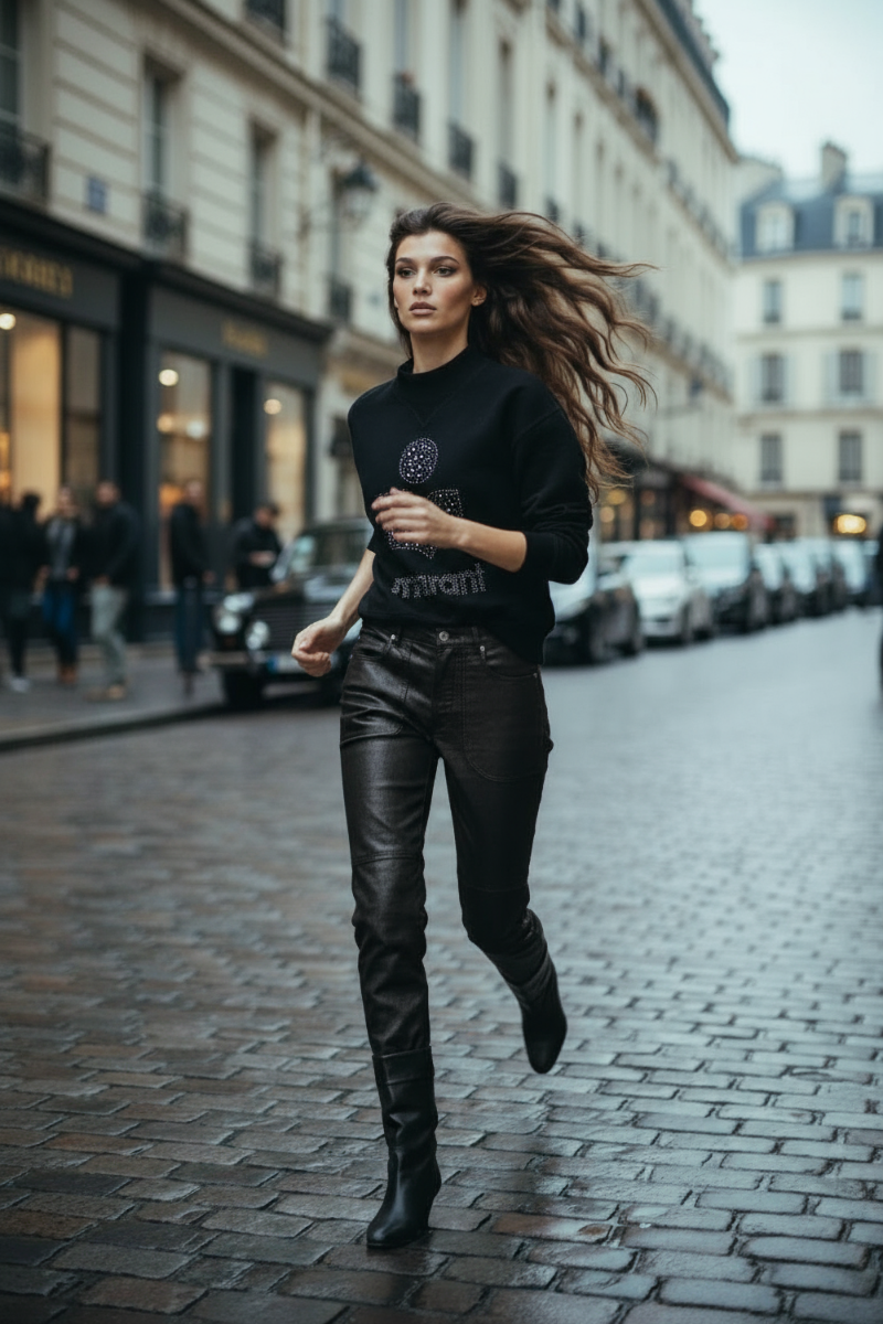 Sweat-shirt Moby Isabel Marant Etoile noir, logo Marant clout&eacute; argent&eacute;, port&eacute; avec un jean skinny en faux cuir noir. Capsule de No&euml;l.