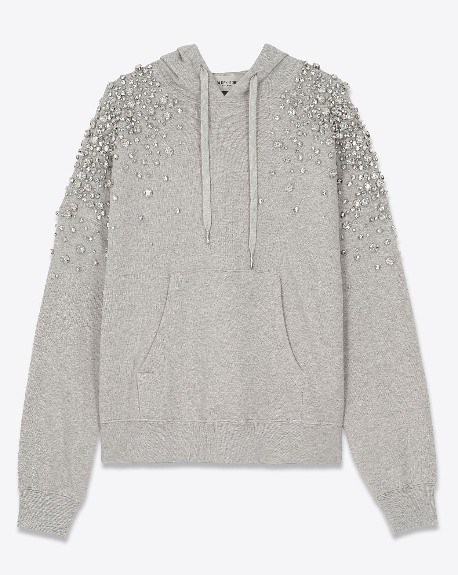 Produit Sweat-shirt à capuche gris clair chiné poche Kangourou entièrement brodé de cristaux sur les épaules et dans le dos Golden Goose. face. 