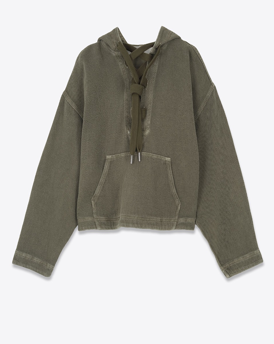 Produit Sweat-shirt à capuche Ofelia Golden Goose en coton côtelé kaki. Vue de face.