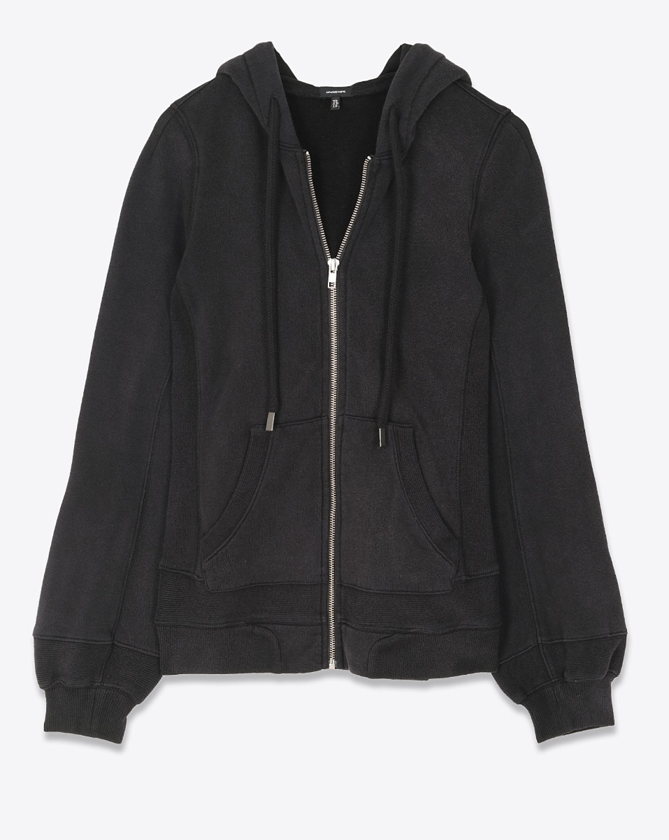 Produit Veste à capuche zippée Elongated Hoodie R13 en molleton noir. Vue de face. 
