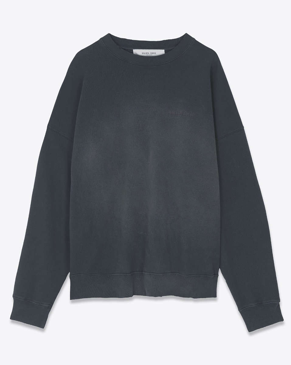 Produit Sweat-shirt unisexe Martin Golden Goose en coton noir vieilli, logo brodé sur la poitrine. Vue de face.