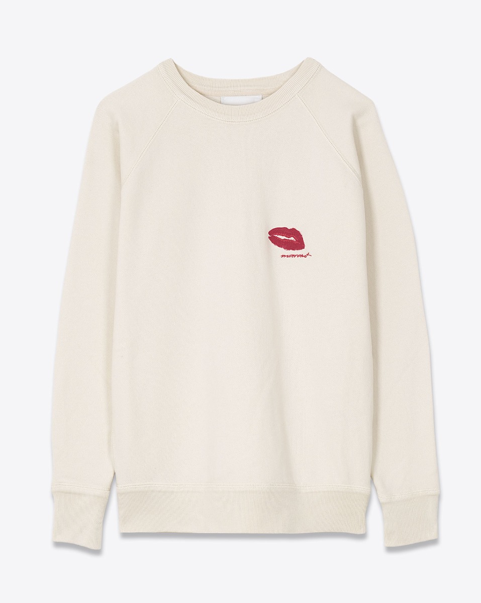 Sweatshirt Millyny Isabel Marant Étoile en coton écru, bouche rouge Marant brodée sur la poitrine. Vue de face.