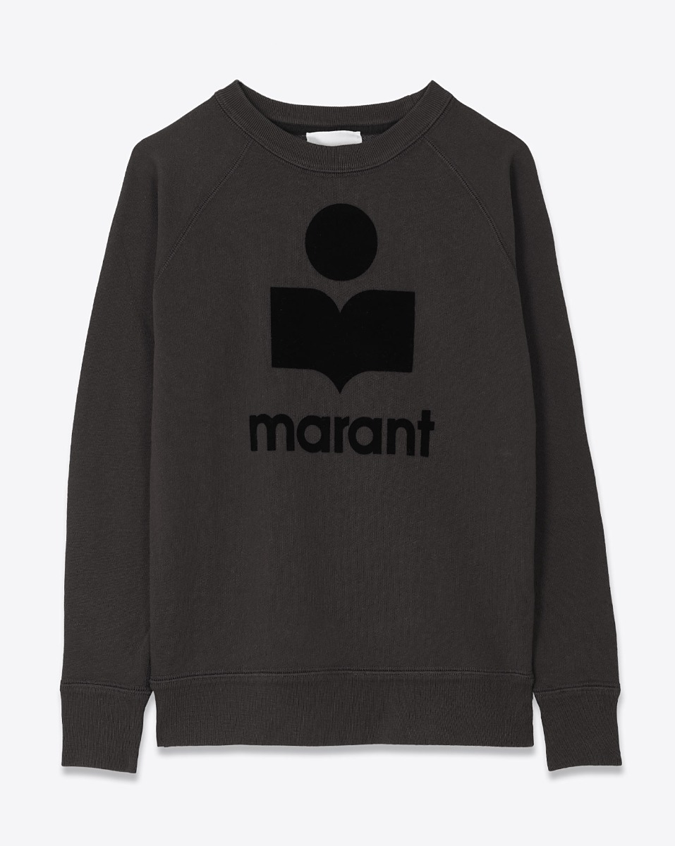 Sweatshirt Millyny Isabel Marant Étoile en coton noir délavé, logo Marant en velours noir. Vue de face. 