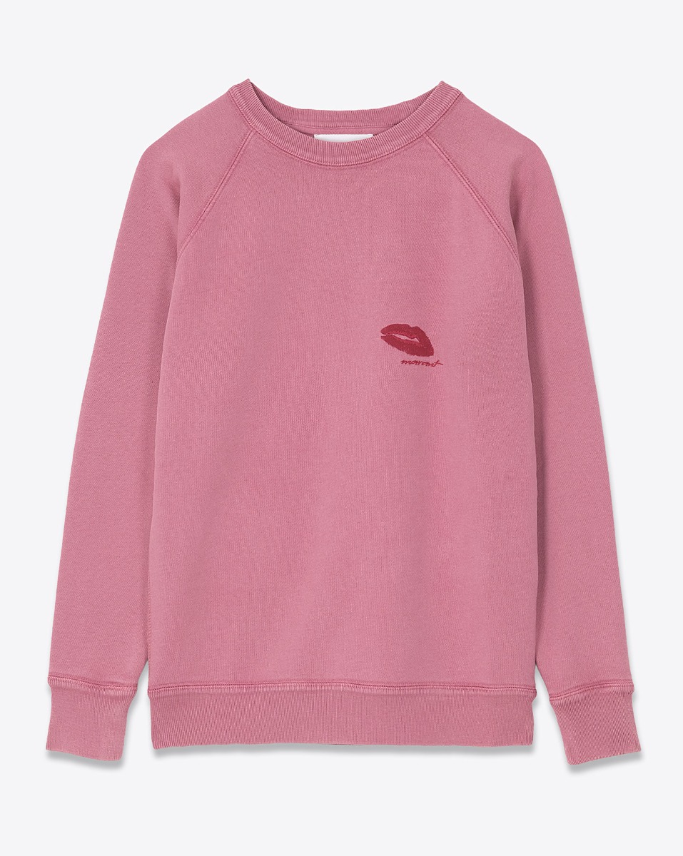 Sweatshirt Millyny Isabel Marant en coton rose bouche rouge brodée sur la poitrine. Vue de face.