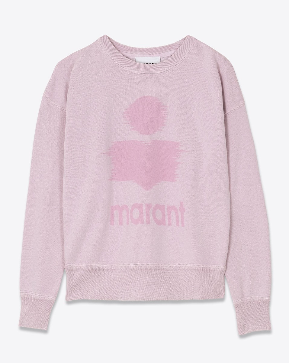 Sweat-shirt Mobyli Isabel Marant Étoile en coton rose clair, logo Marant, effet délavé. Vue de face. 