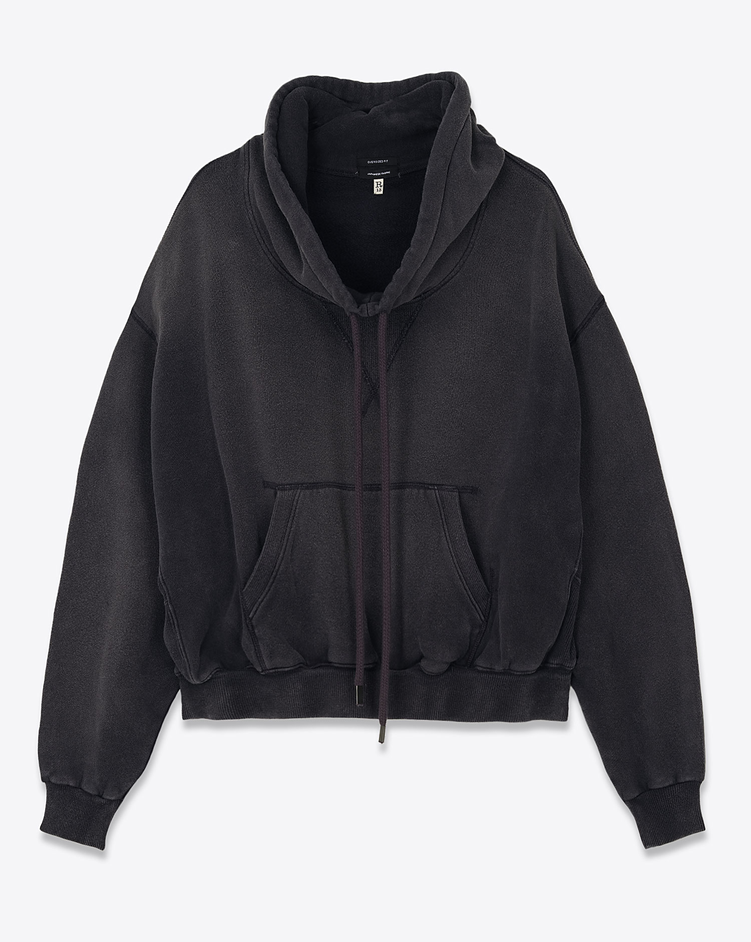 Sweat-shirt oversize poche Kangourou col loose avec cordon marine délavé Popover R13. Vue face.