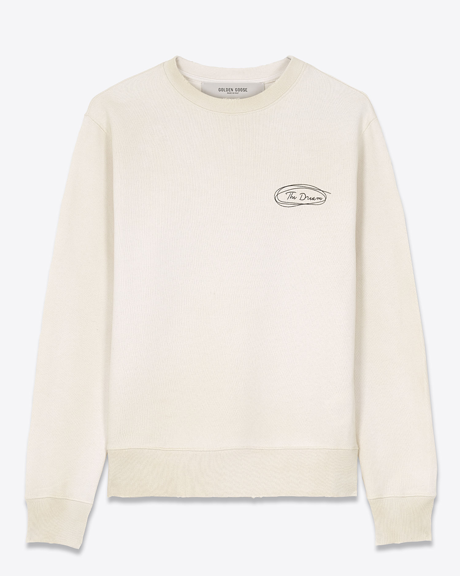 Produit Sweat-shirt col rond manches longues coton Bio molletonné écru texte dans le dos écriture noire Golden. Face. Détail du lettrage "The Dream" au niveau de la poitrine.