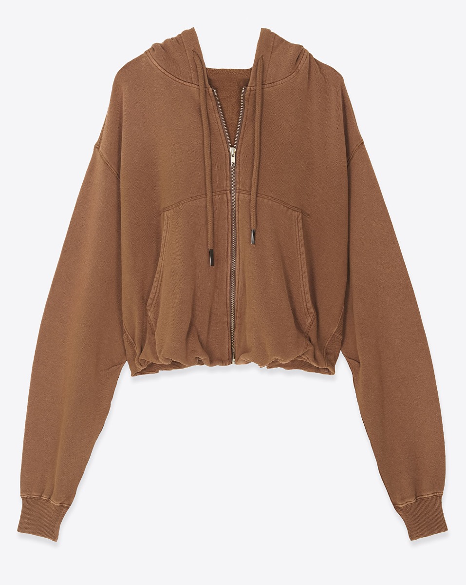 Produit Sweat-shirt zippé à capuche Balloon R13 en coton camel. Vue de face.