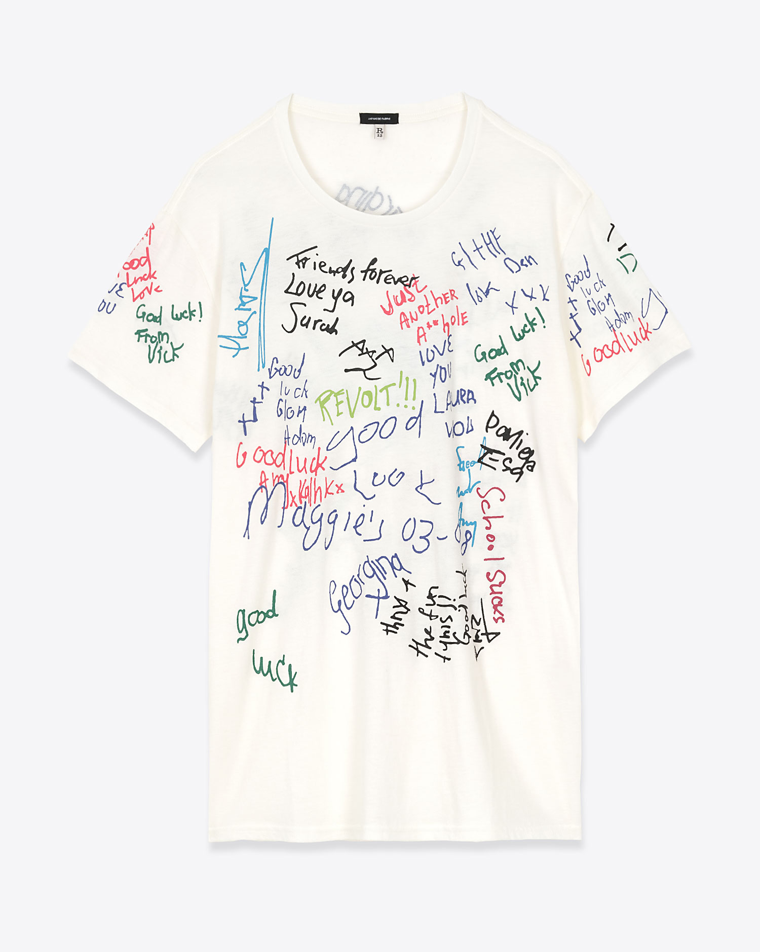 Tee-shirt manches courtes End Of The Year R13 en coton blanc avec dessins graffitis. Vue face. 