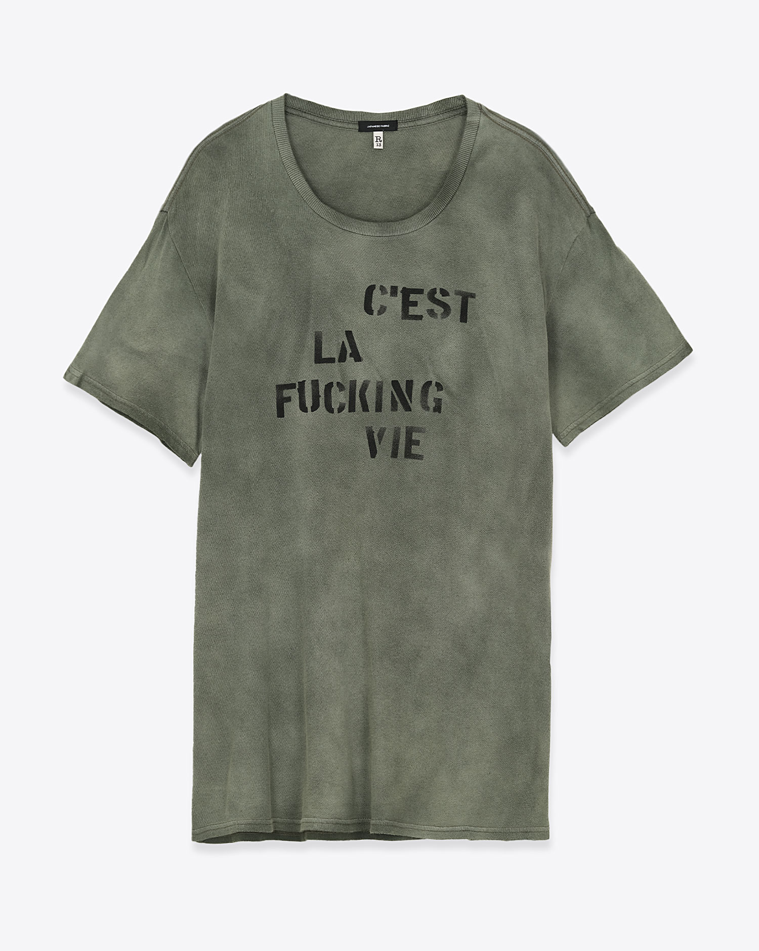 Tee-shirt manches courtes Fucking Vie R13 en coton et cachemire kaki avec inscription imprimée. Vue face. 