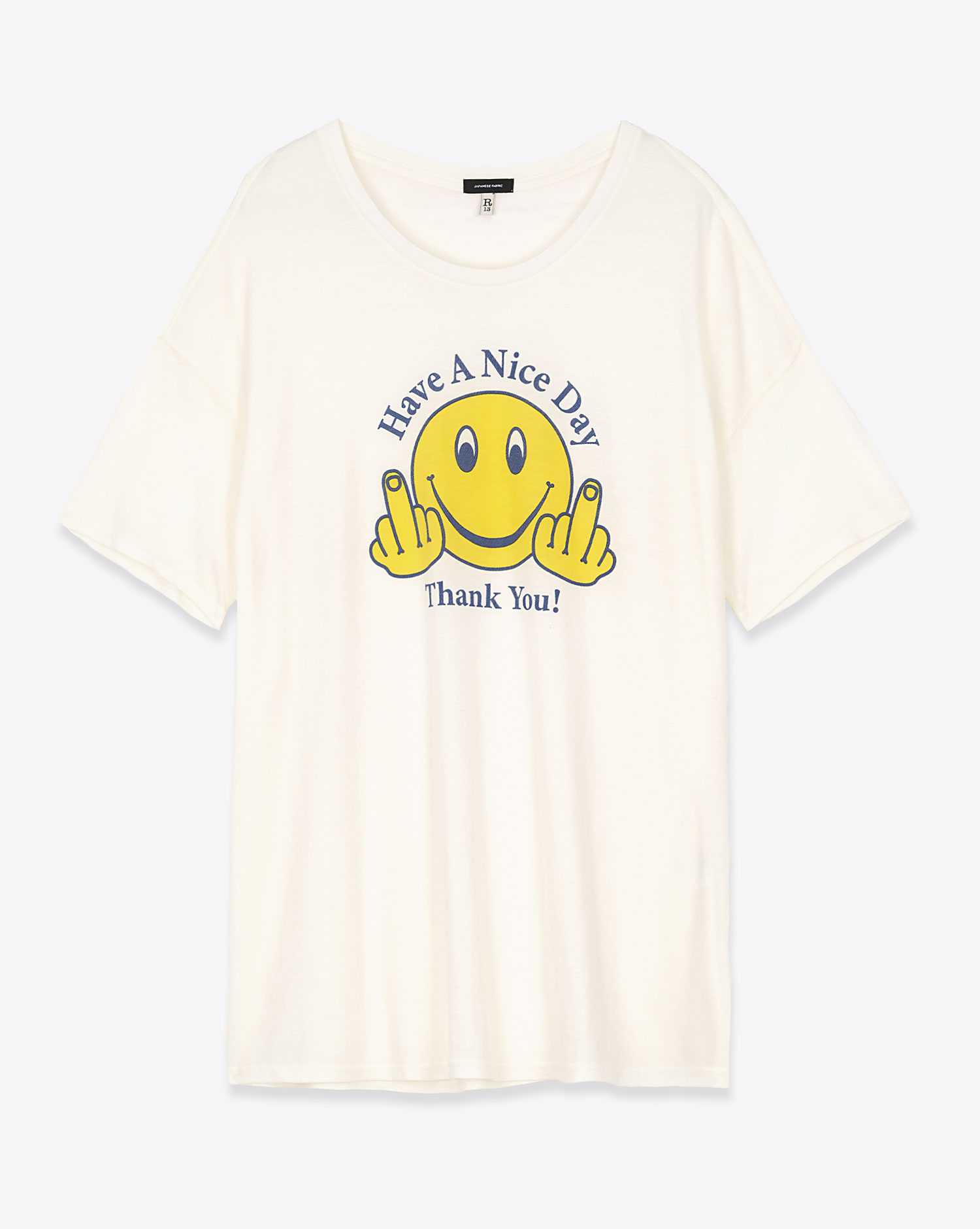Tee-shirt manches courtes Have A Nice Day R13 en coton et cachemire écru. Vue face. 
