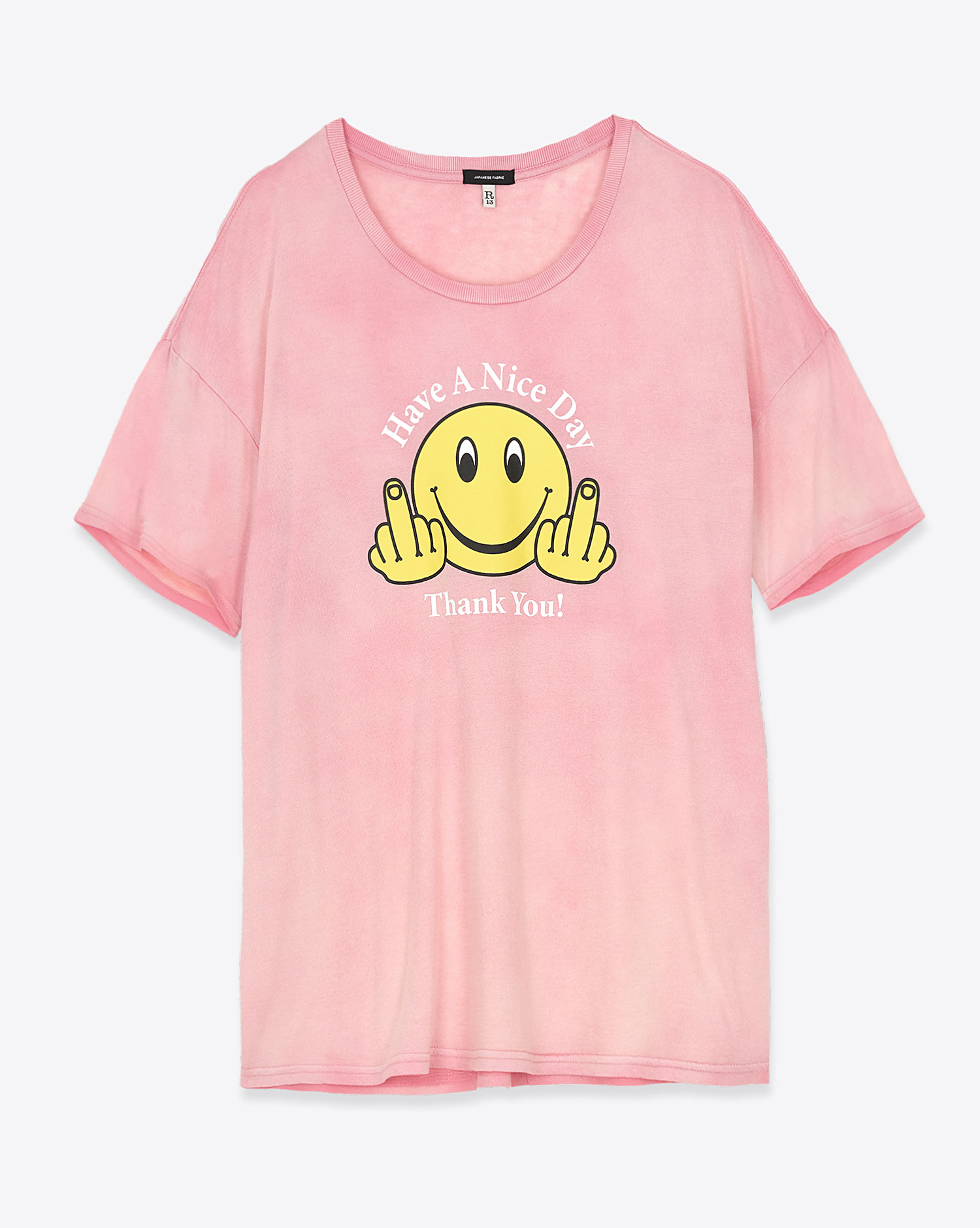 Tee-shirt manches courtes Have A Nice Day R13 en coton et cachemire rose. Vue face. 
