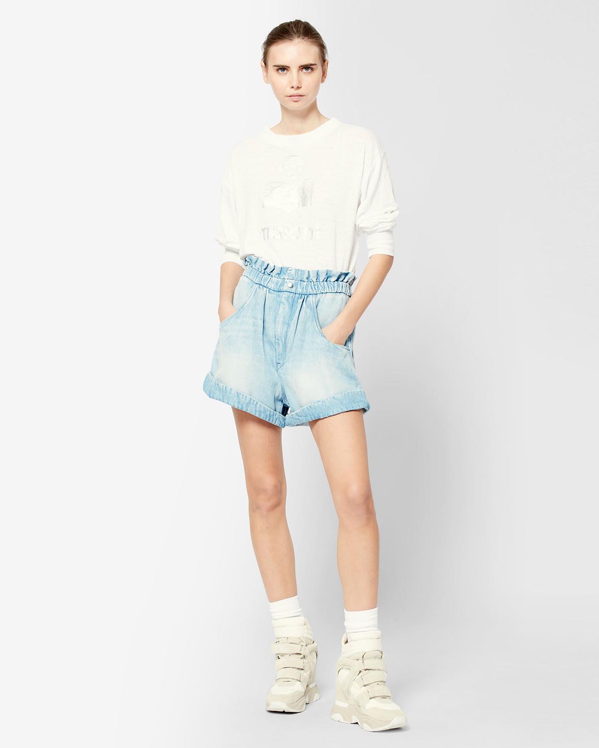 Tee-shirt manches longues en lin blanc Logo argent et doré Klowia Isabel Marant Etoile.  