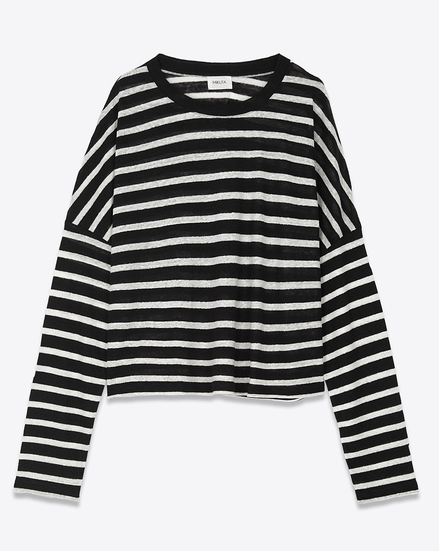 Produit Tee-shirt manches longues Oversized Mikuta en lin ) rayures. Vue face. 