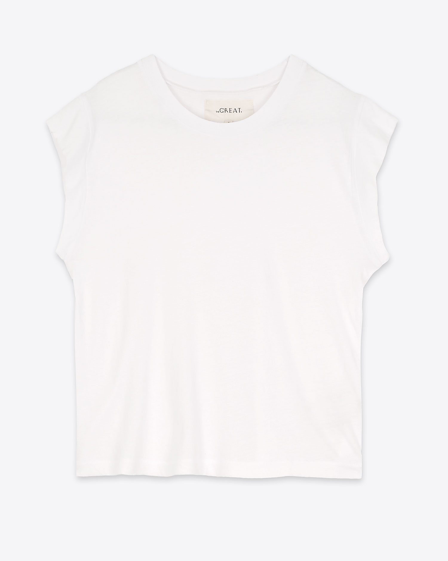 Produit Tee-shirt manches courtes raccourcies Peak Shoulder The Great en coton blan. Vue face. 
