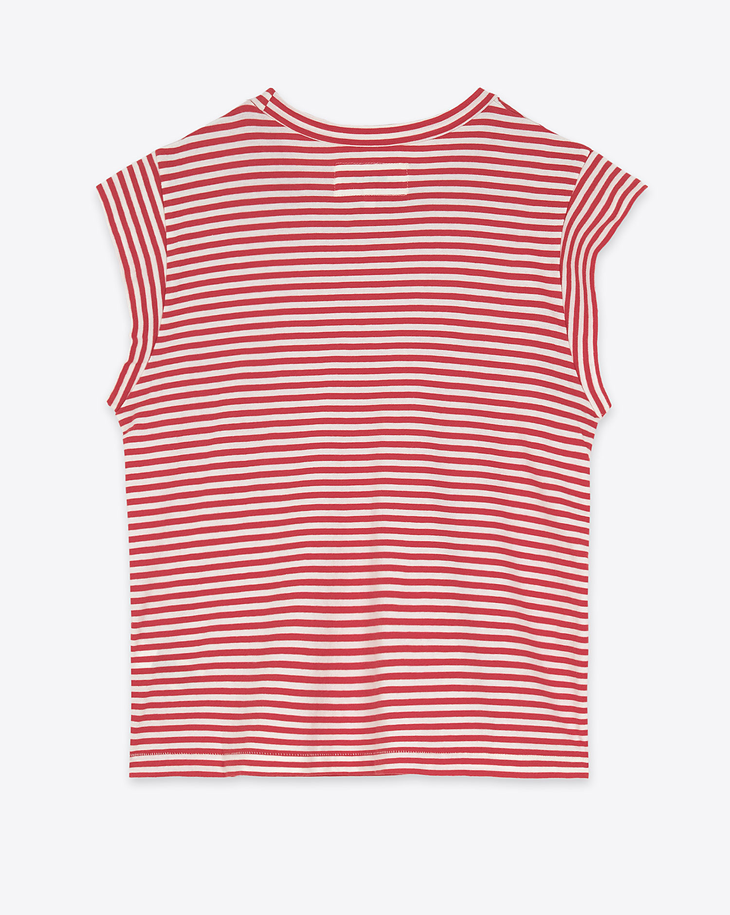 Produit Tee-shirt manches courtes raccourcies Peak Shoulder The Great en coton rayé rouge. Vue dos. 