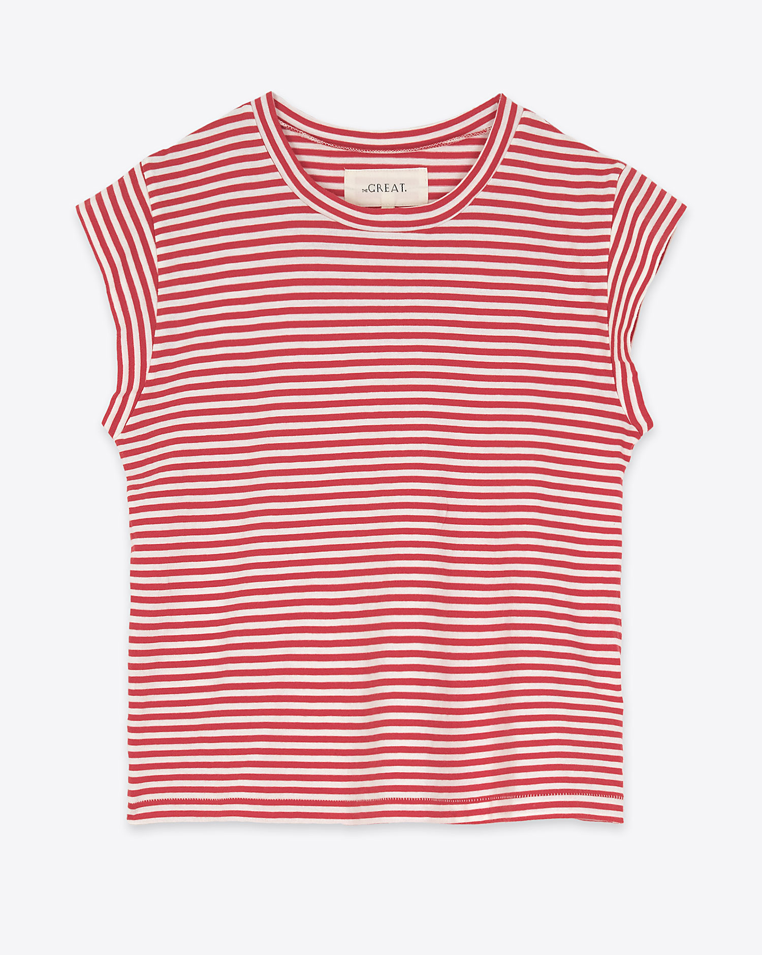 Produit Tee-shirt manches courtes raccourcies Peak Shoulder The Great en coton rayé rouge. Vue face. 