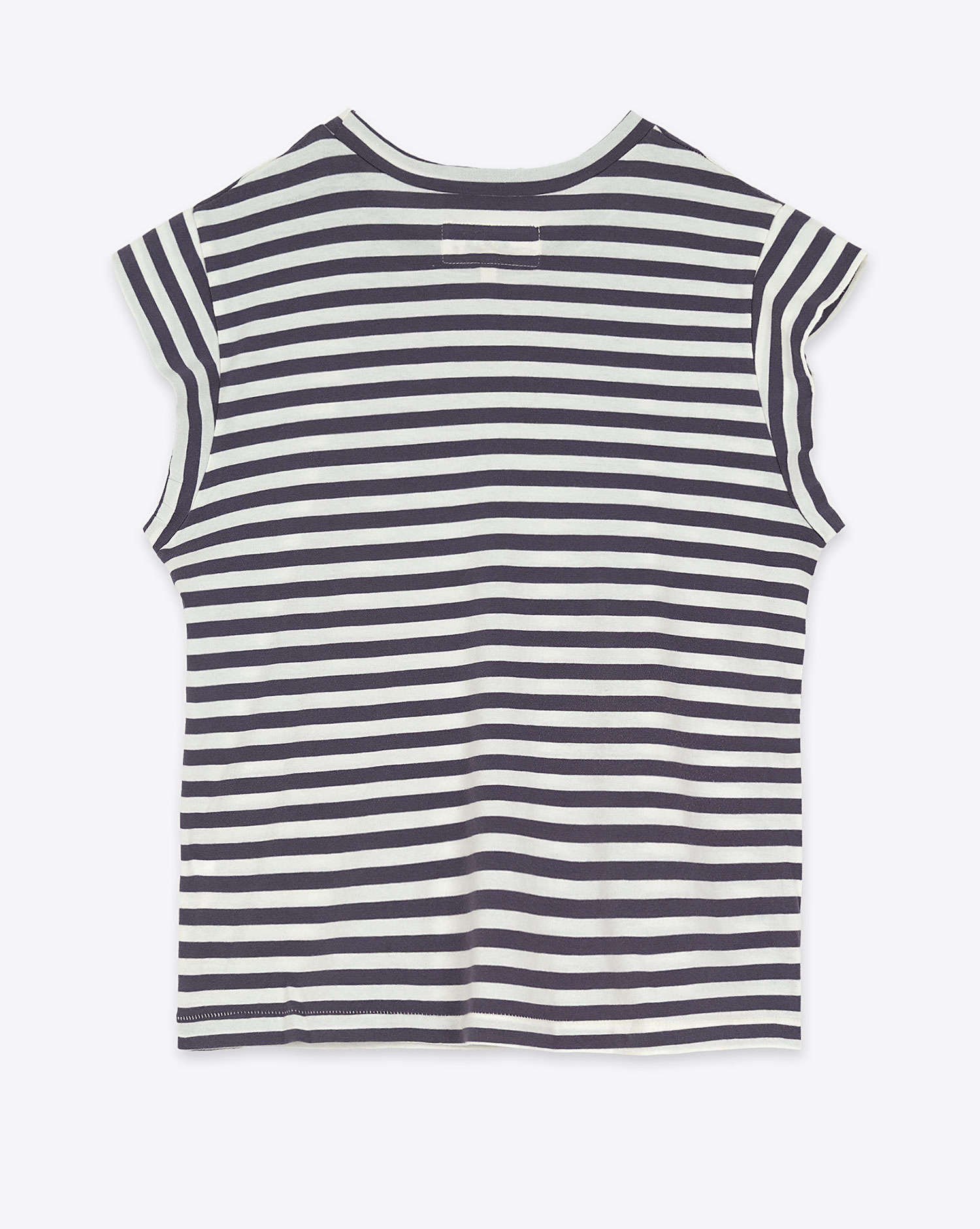 Produit Tee-shirt manches courtes Peak Shoulder The Great en coton rayé bleu marine. Vue dos. 