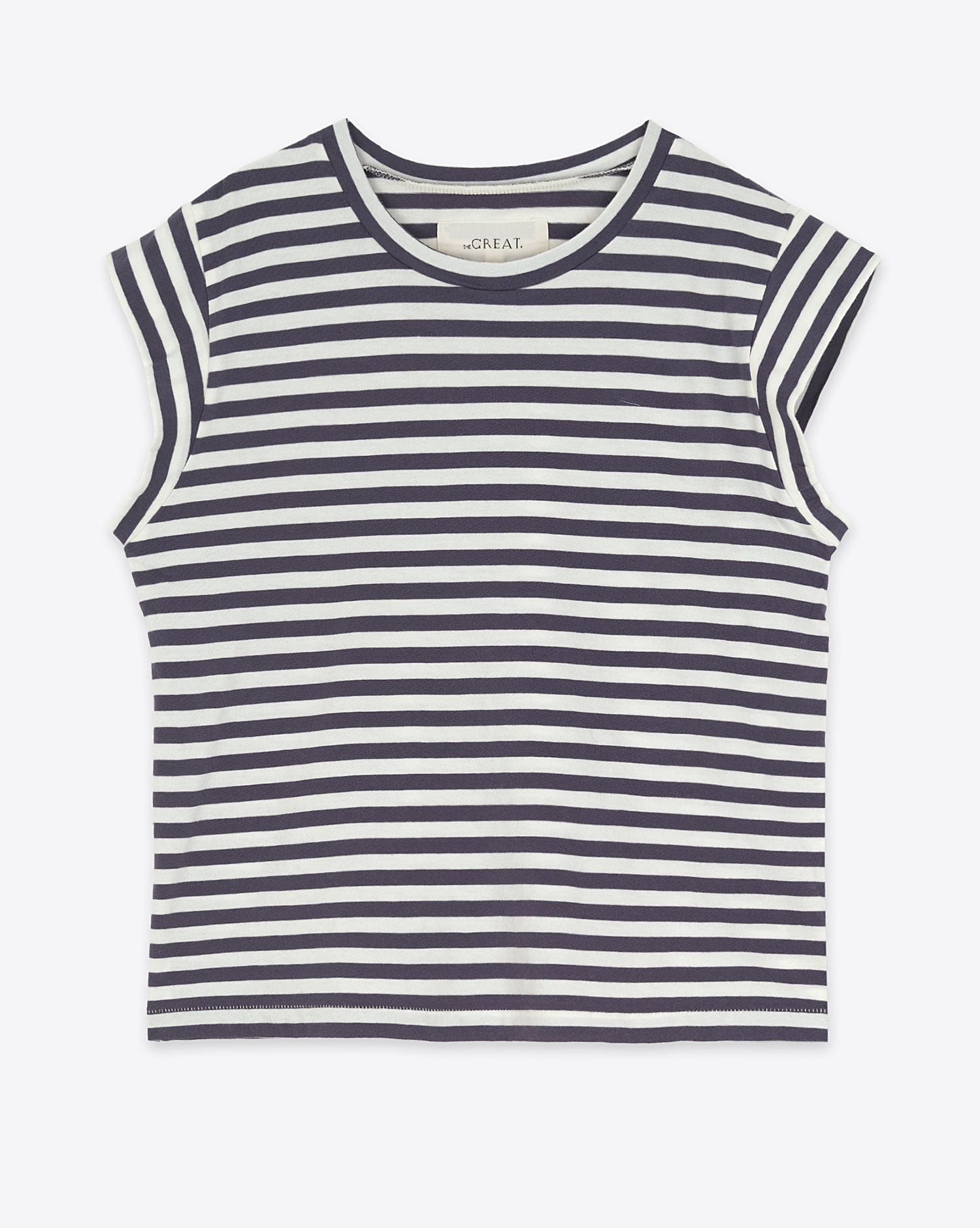 Produit Tee-shirt manches courtes Peak Shoulder The Great en coton rayé bleu marine. Vue face. 