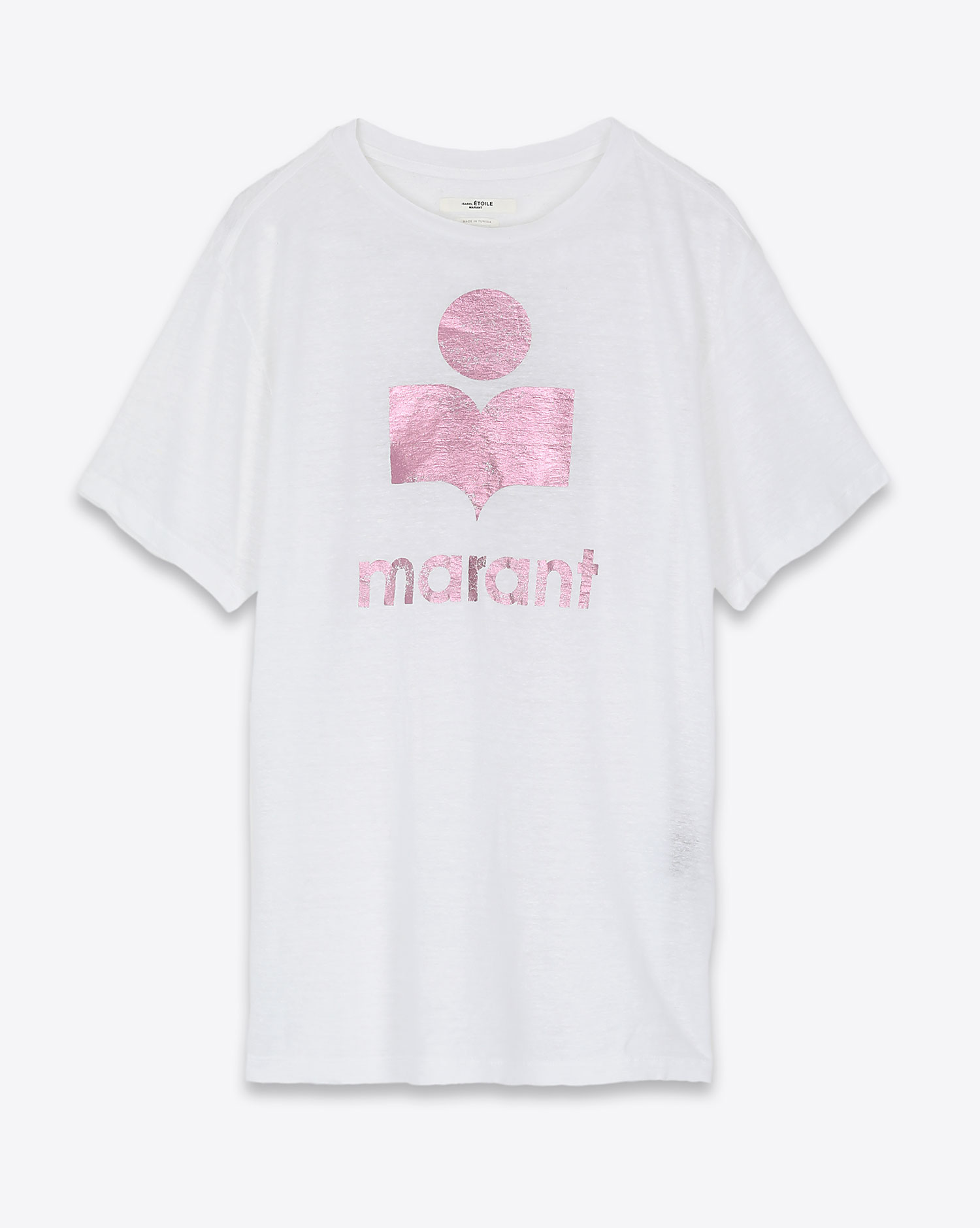 Tee-shirt en lin blanc logo métallisé rose Zewel Isabel Marant Etoile. Face.