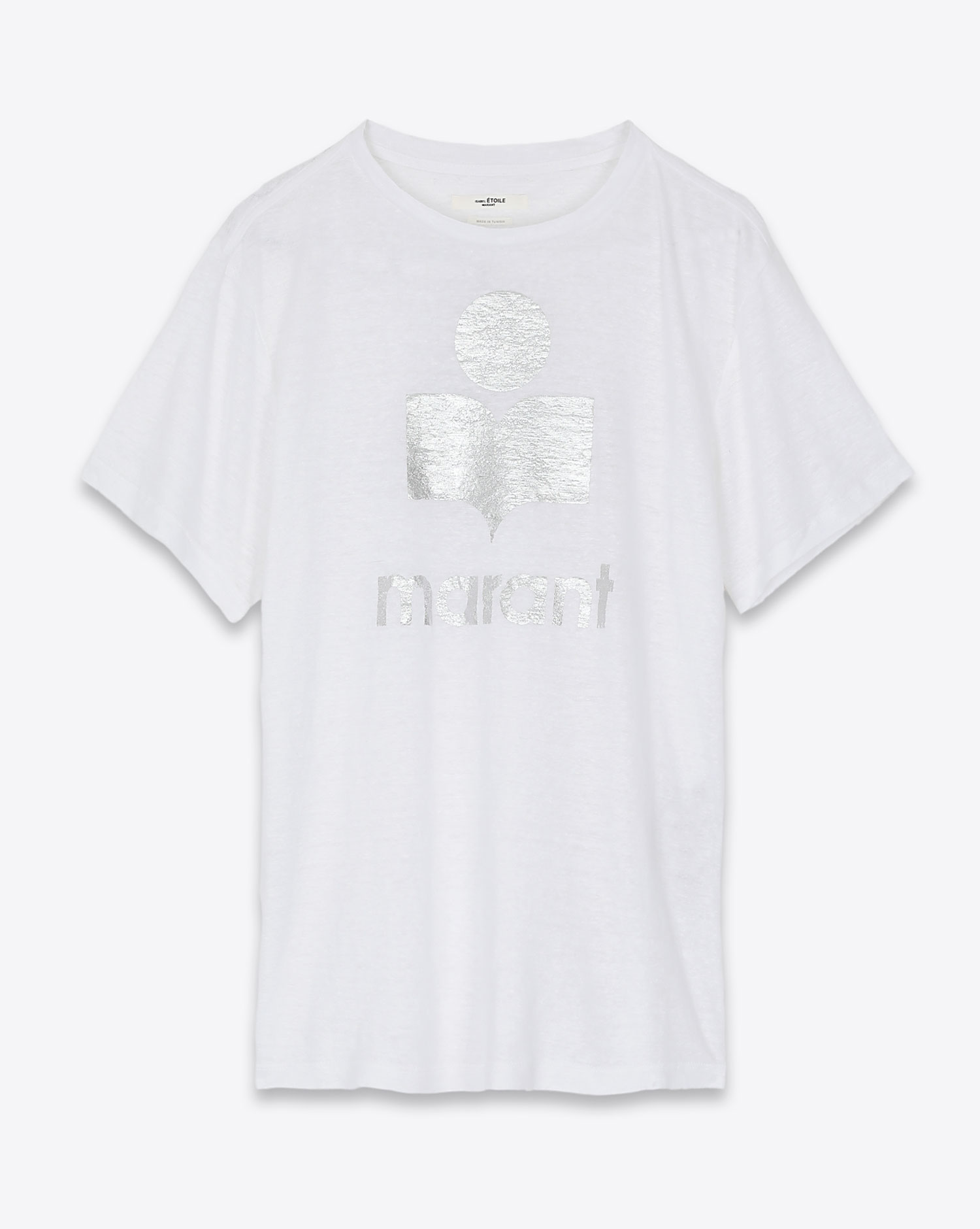 Tee-shirt en lin blanc logo argent Zewel Isabel Marant Etoile. Face. 