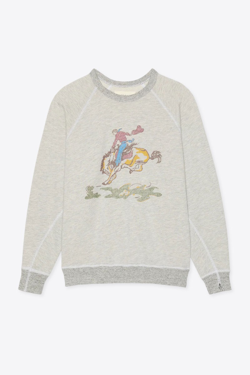 Sweat-shirt College Rider The Great en coton gris chin&eacute; s&eacute;rigraphie de cavalier sur un cheval, vu de face.