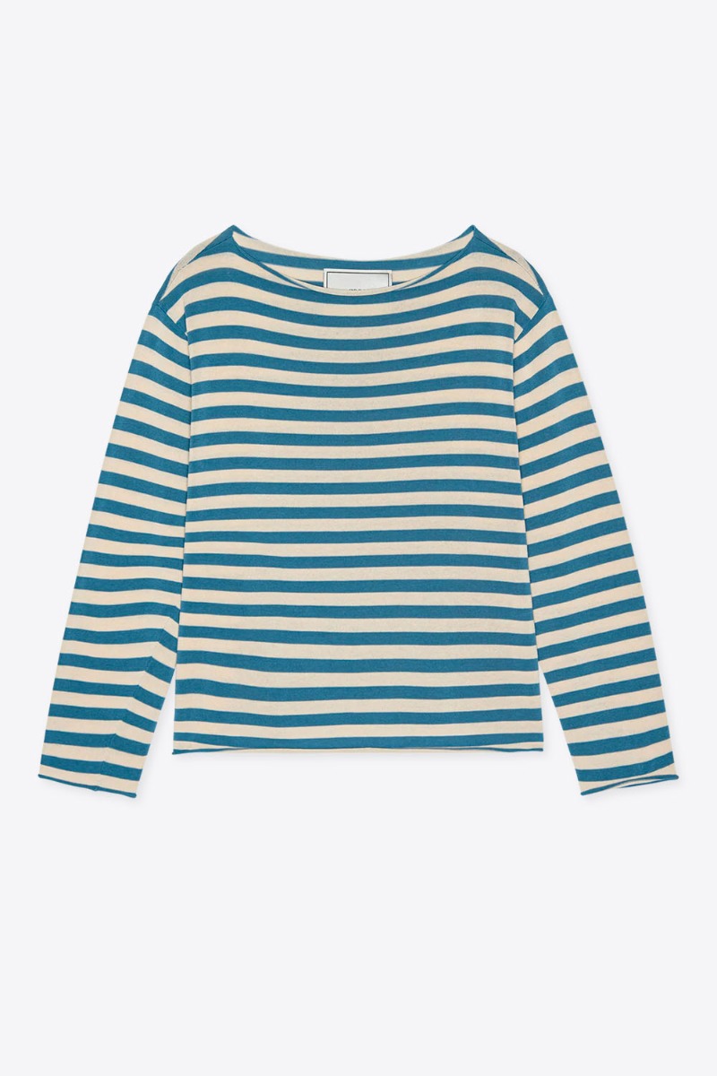 Marini&egrave;re Sailor The Great en coton ray&eacute; bleu et cr&egrave;me, vue de face.