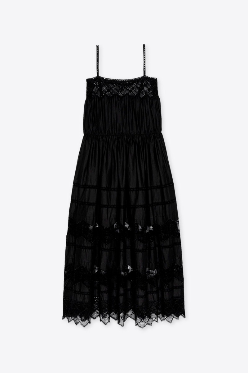 Robe bustier &agrave; bretelles Rosette The Great en coton et dentelle noire, vue de face.