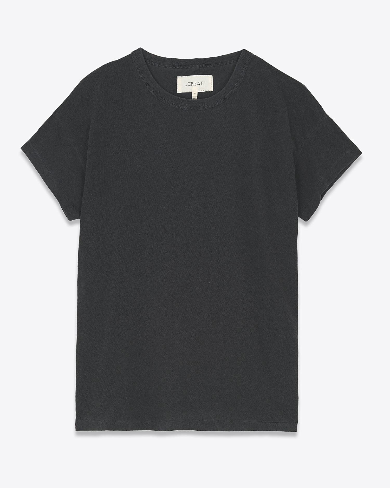 Tee-shirt manches courtes col rond en jersey noir délavé The Boxy Crew The Great. Face.