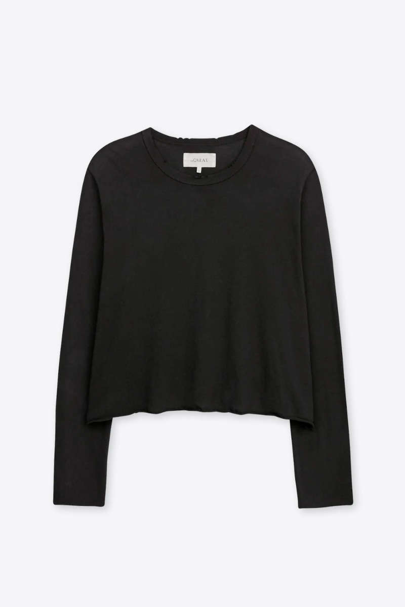 Tee-Shirt Crop manches longues The Great en coton noir, vu de face.