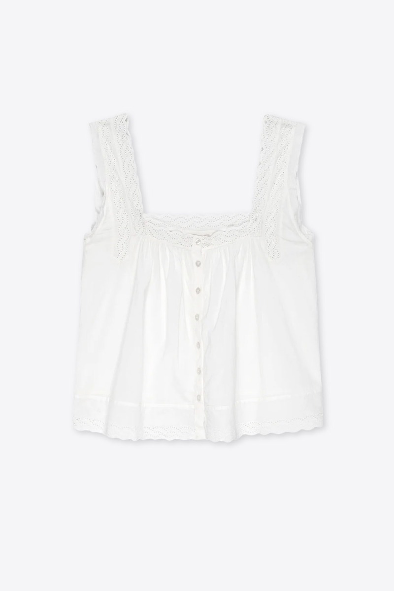 Top &agrave; bretelles Eyelet The Great en coton et dentelle cr&egrave;me, vu de face.
