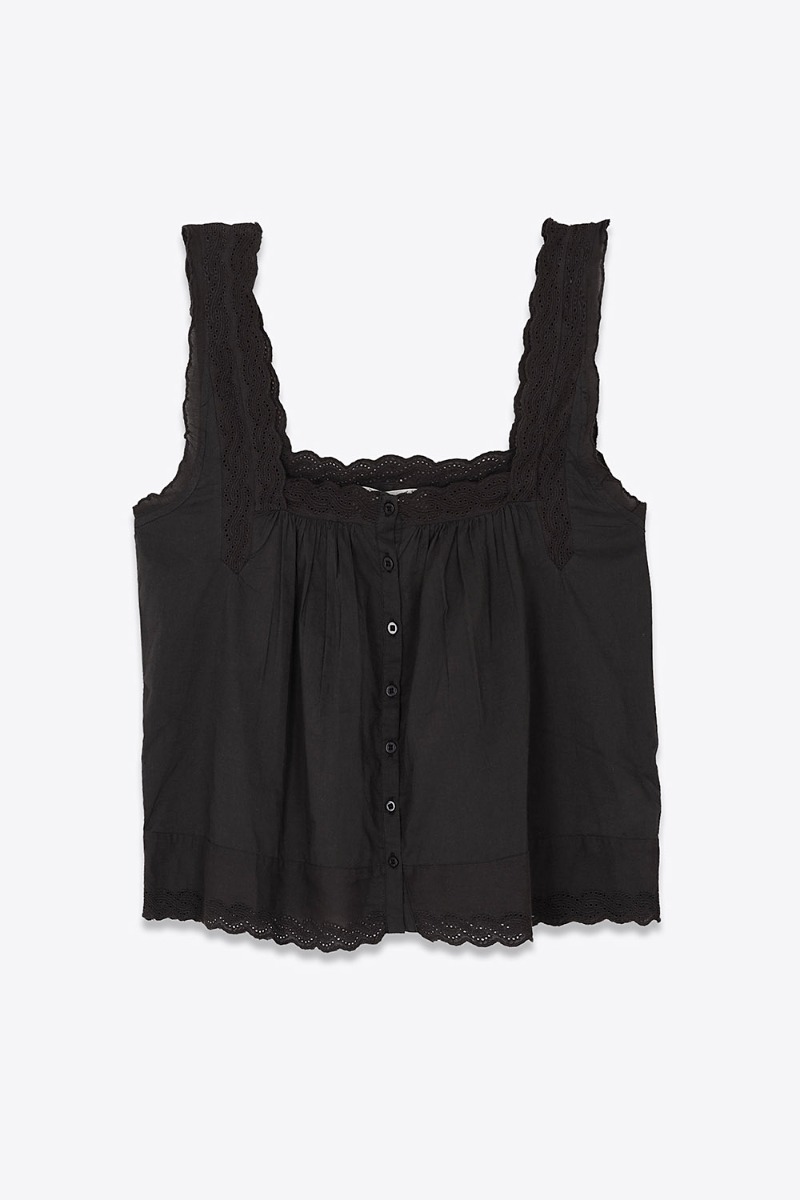 Top &agrave; bretelles Eyelet The Great en voile de coton et dentelle noir, vu de face.
