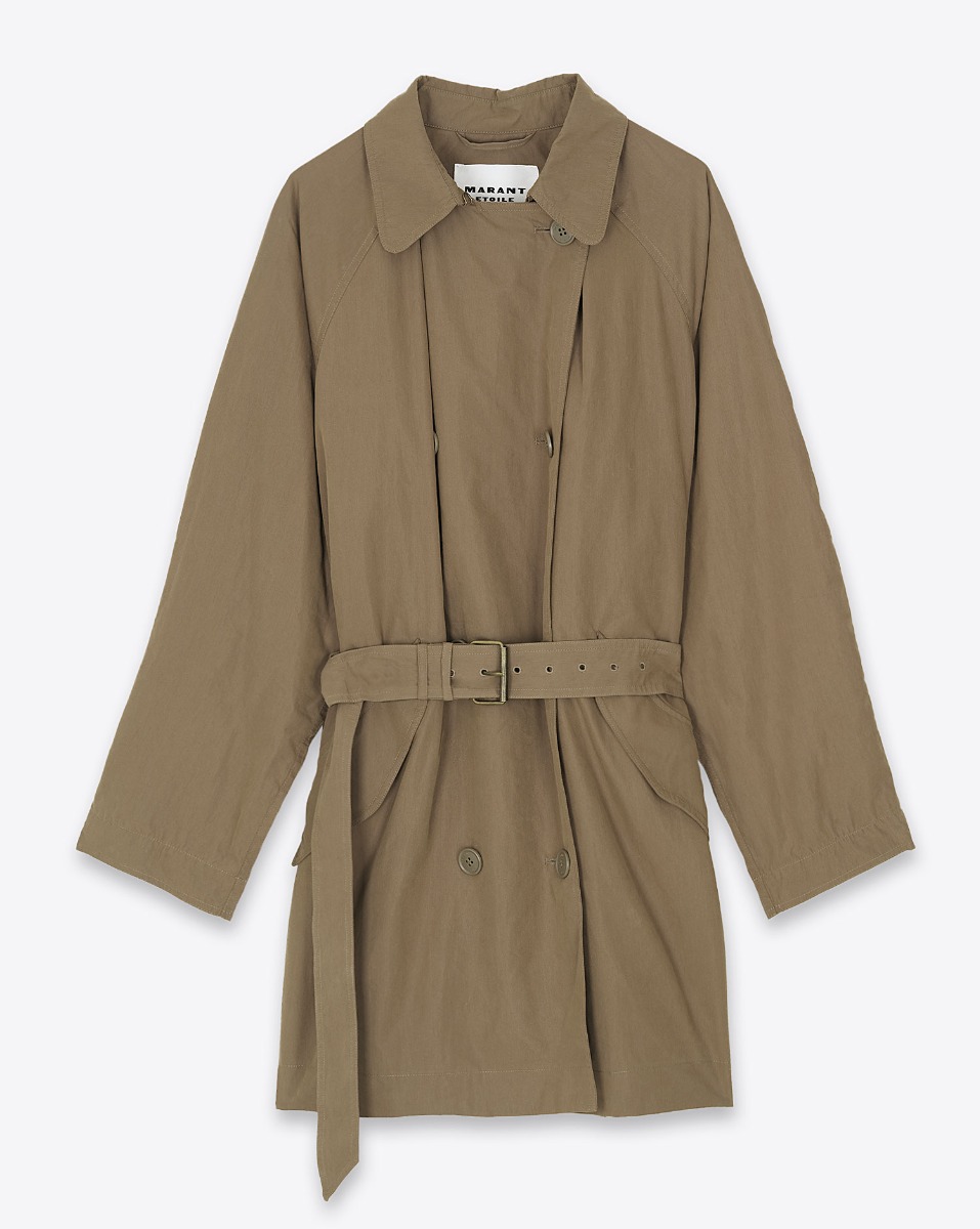 Trench Carlota Marant Etoile en coton et polyamide kaki. Vue de face avec la ceinture.